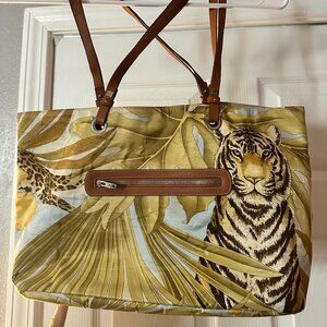Salvatore Ferragamo Tiger Jungle Print Tote Bag Leather Straps Zip Pocket